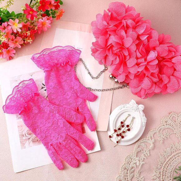 Complete Floral Gift Set: Rose Clutch, Lace Gloves & Dangle Earrings for Parties - Picture 4 of 7